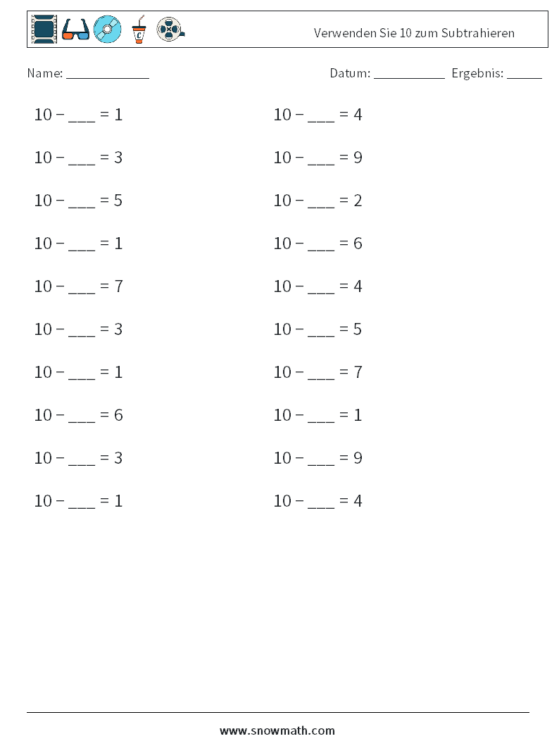 (20) Verwenden Sie 10 zum Subtrahieren Mathe-Arbeitsblätter 1