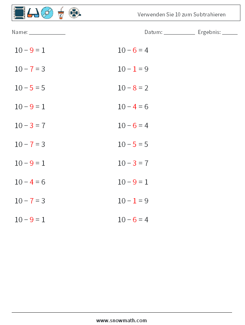 (20) Verwenden Sie 10 zum Subtrahieren Mathe-Arbeitsblätter 1 Frage, Antwort