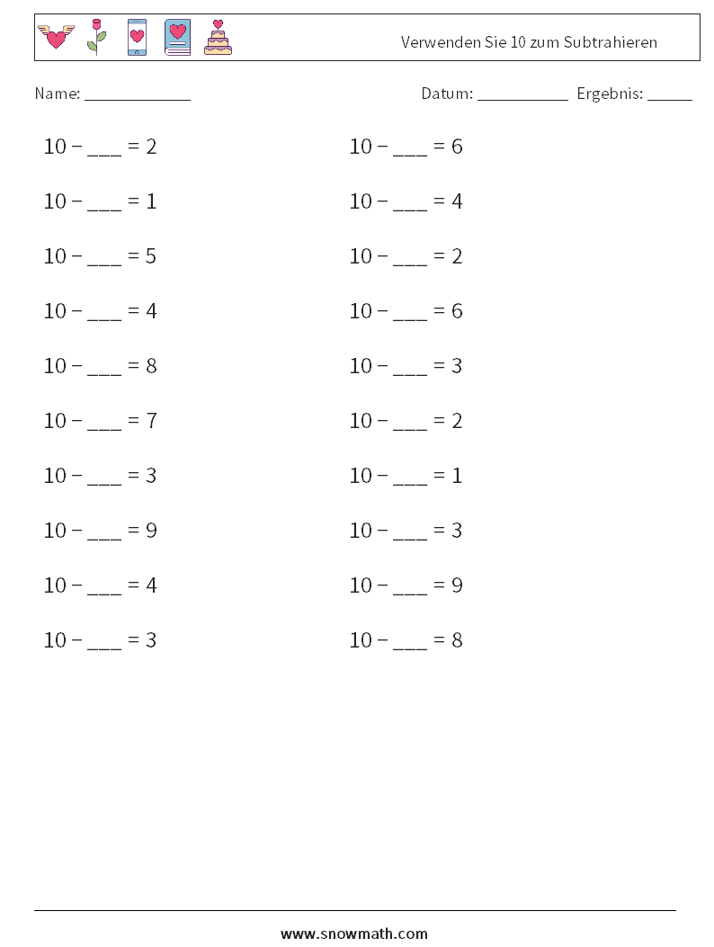 (20) Verwenden Sie 10 zum Subtrahieren Mathe-Arbeitsblätter 2
