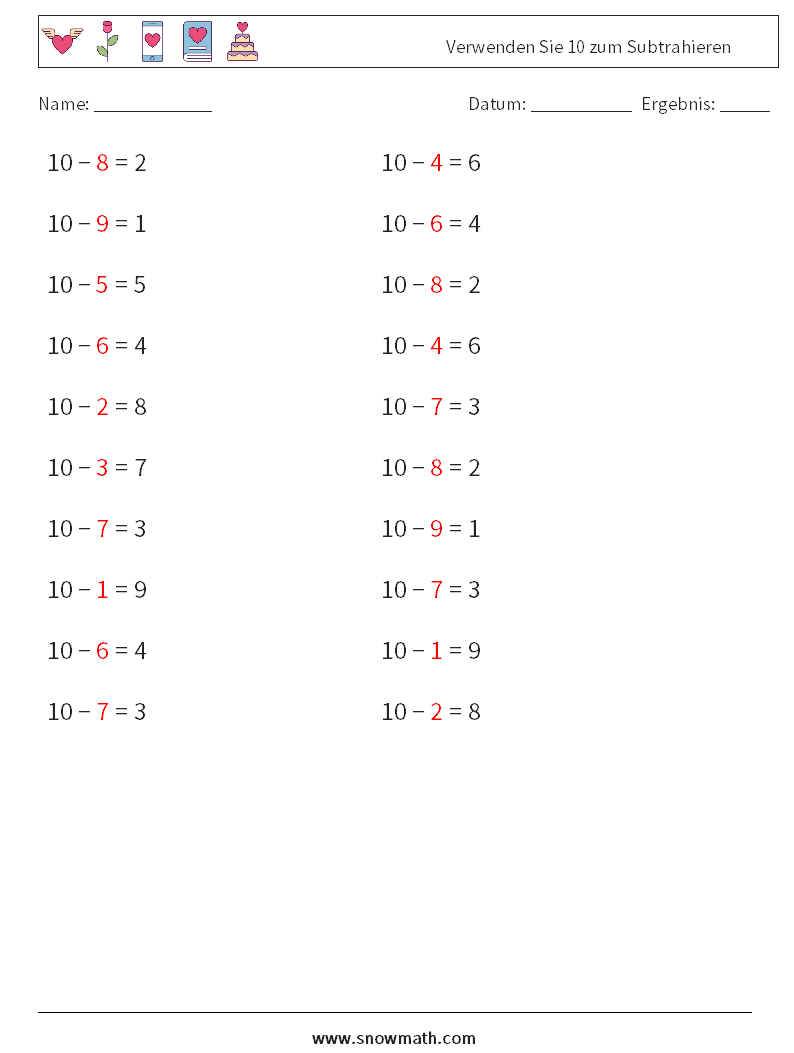 (20) Verwenden Sie 10 zum Subtrahieren Mathe-Arbeitsblätter 2 Frage, Antwort
