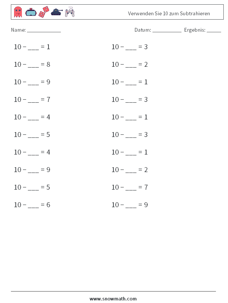 (20) Verwenden Sie 10 zum Subtrahieren Mathe-Arbeitsblätter 3