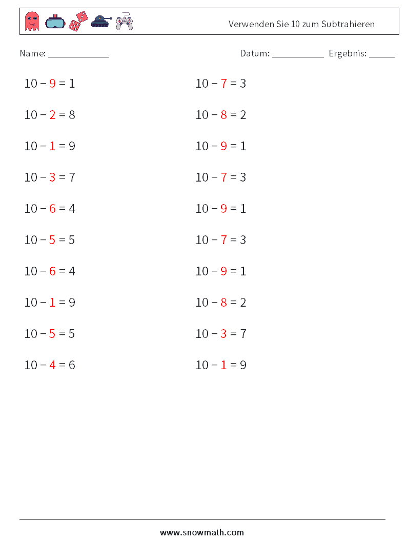 (20) Verwenden Sie 10 zum Subtrahieren Mathe-Arbeitsblätter 3 Frage, Antwort