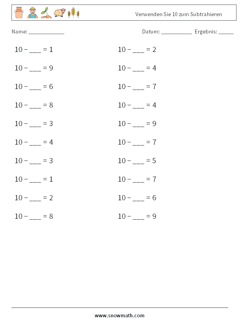 (20) Verwenden Sie 10 zum Subtrahieren Mathe-Arbeitsblätter 4