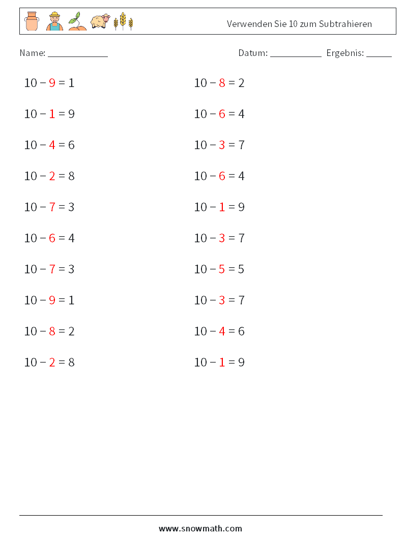 (20) Verwenden Sie 10 zum Subtrahieren Mathe-Arbeitsblätter 4 Frage, Antwort