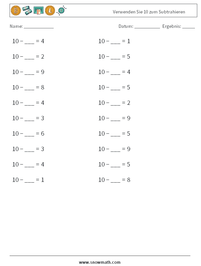 (20) Verwenden Sie 10 zum Subtrahieren Mathe-Arbeitsblätter 5