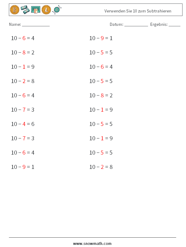(20) Verwenden Sie 10 zum Subtrahieren Mathe-Arbeitsblätter 5 Frage, Antwort