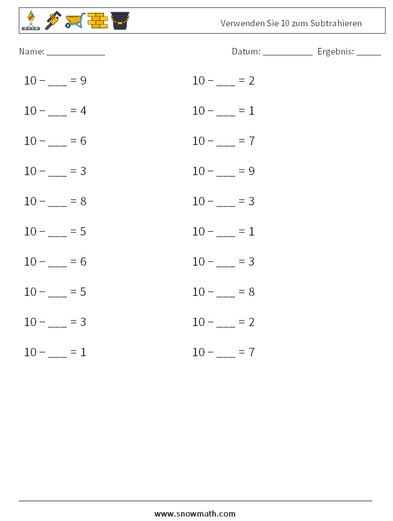 (20) Verwenden Sie 10 zum Subtrahieren Mathe-Arbeitsblätter 6