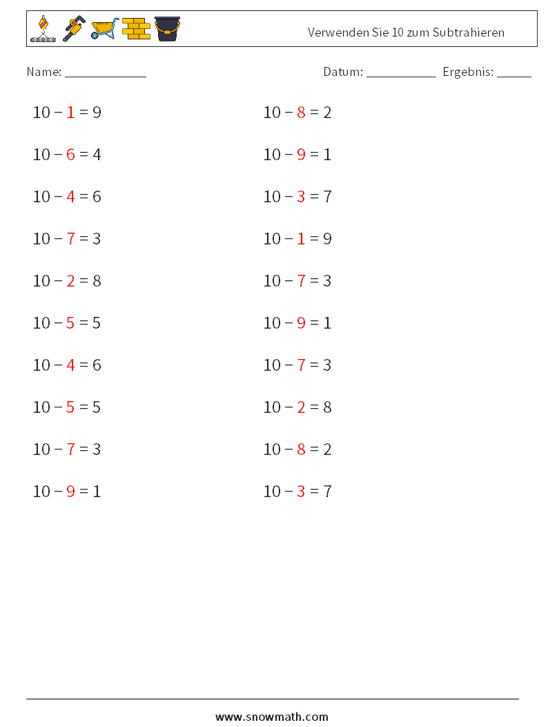 (20) Verwenden Sie 10 zum Subtrahieren Mathe-Arbeitsblätter 6 Frage, Antwort
