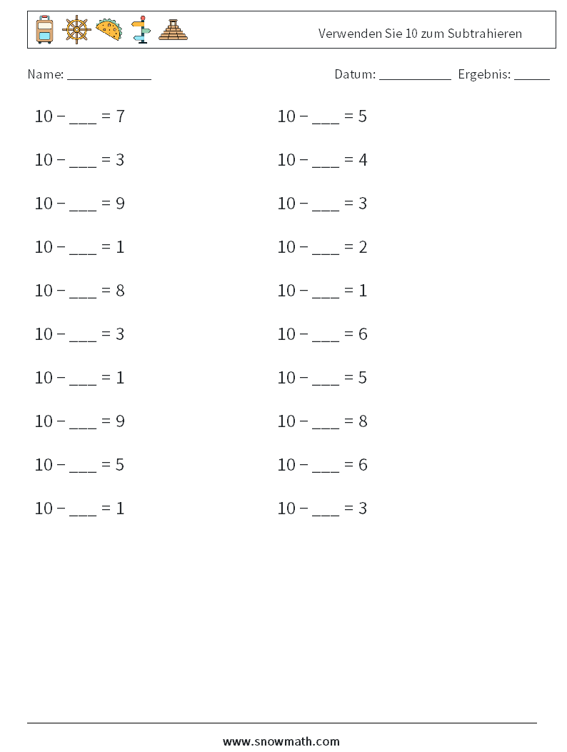(20) Verwenden Sie 10 zum Subtrahieren Mathe-Arbeitsblätter 7