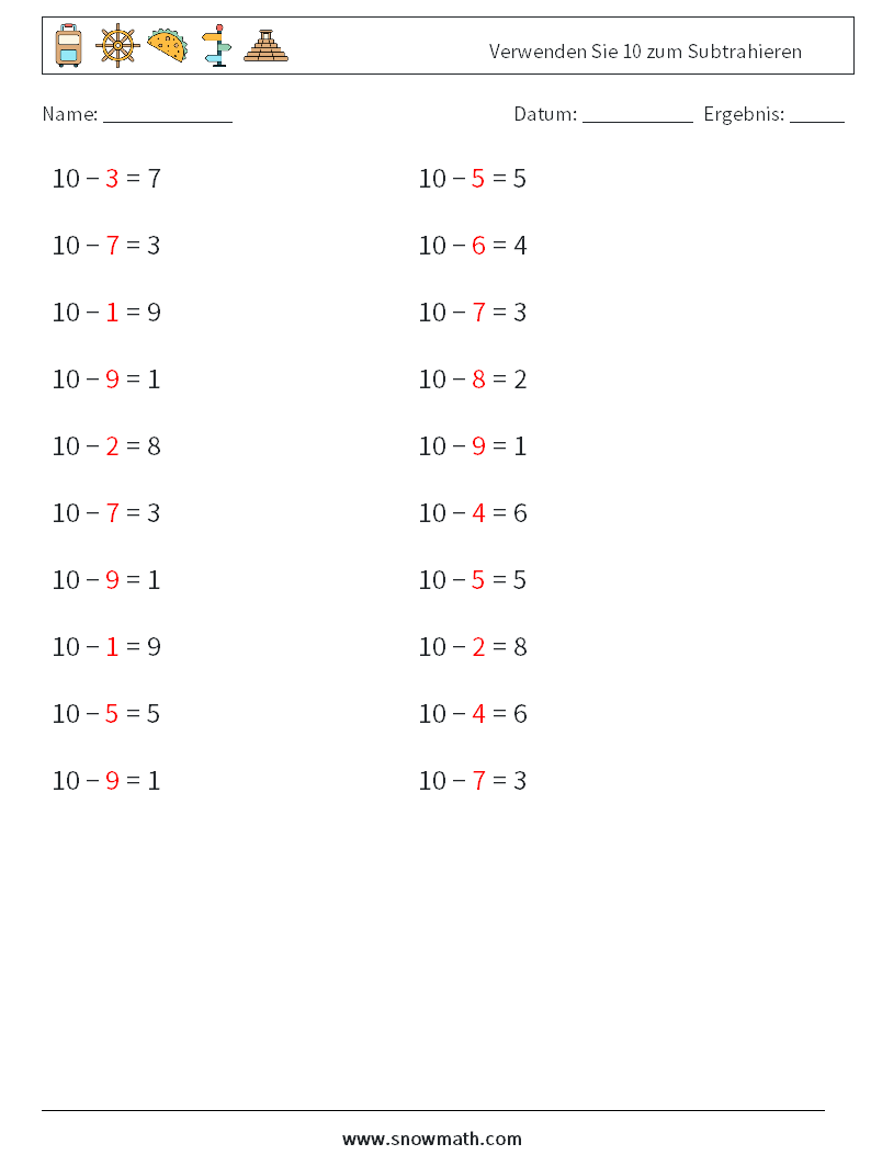 (20) Verwenden Sie 10 zum Subtrahieren Mathe-Arbeitsblätter 7 Frage, Antwort