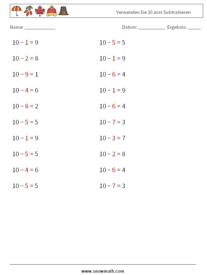 (20) Verwenden Sie 10 zum Subtrahieren Mathe-Arbeitsblätter 8 Frage, Antwort