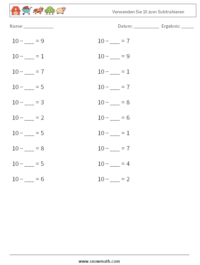 (20) Verwenden Sie 10 zum Subtrahieren Mathe-Arbeitsblätter 9