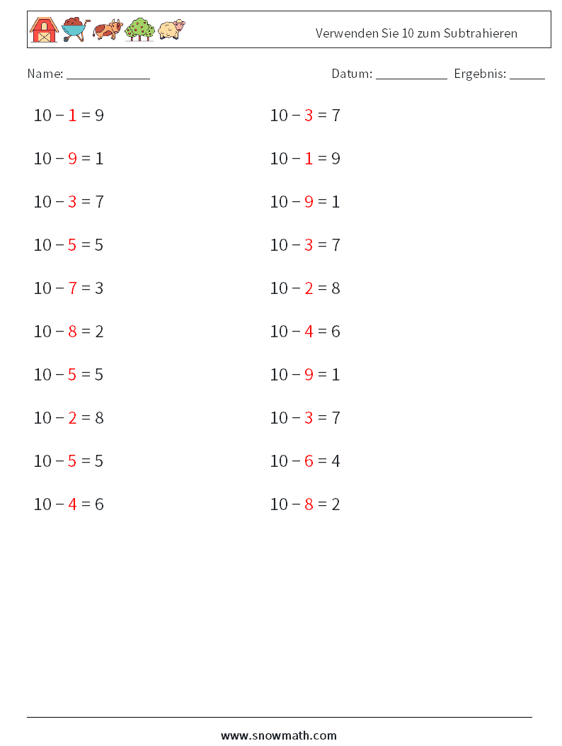 (20) Verwenden Sie 10 zum Subtrahieren Mathe-Arbeitsblätter 9 Frage, Antwort