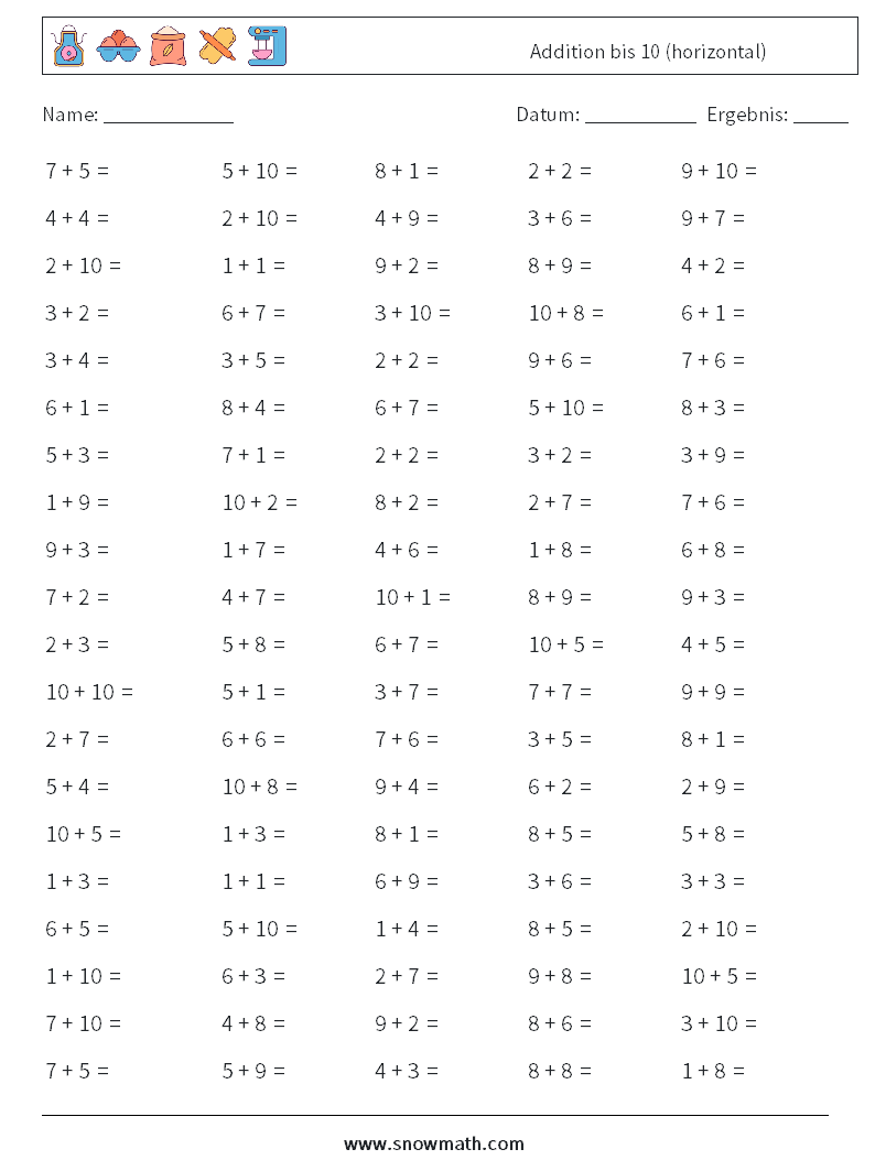 (100) Addition bis 10 (horizontal) Mathe-Arbeitsblätter 2