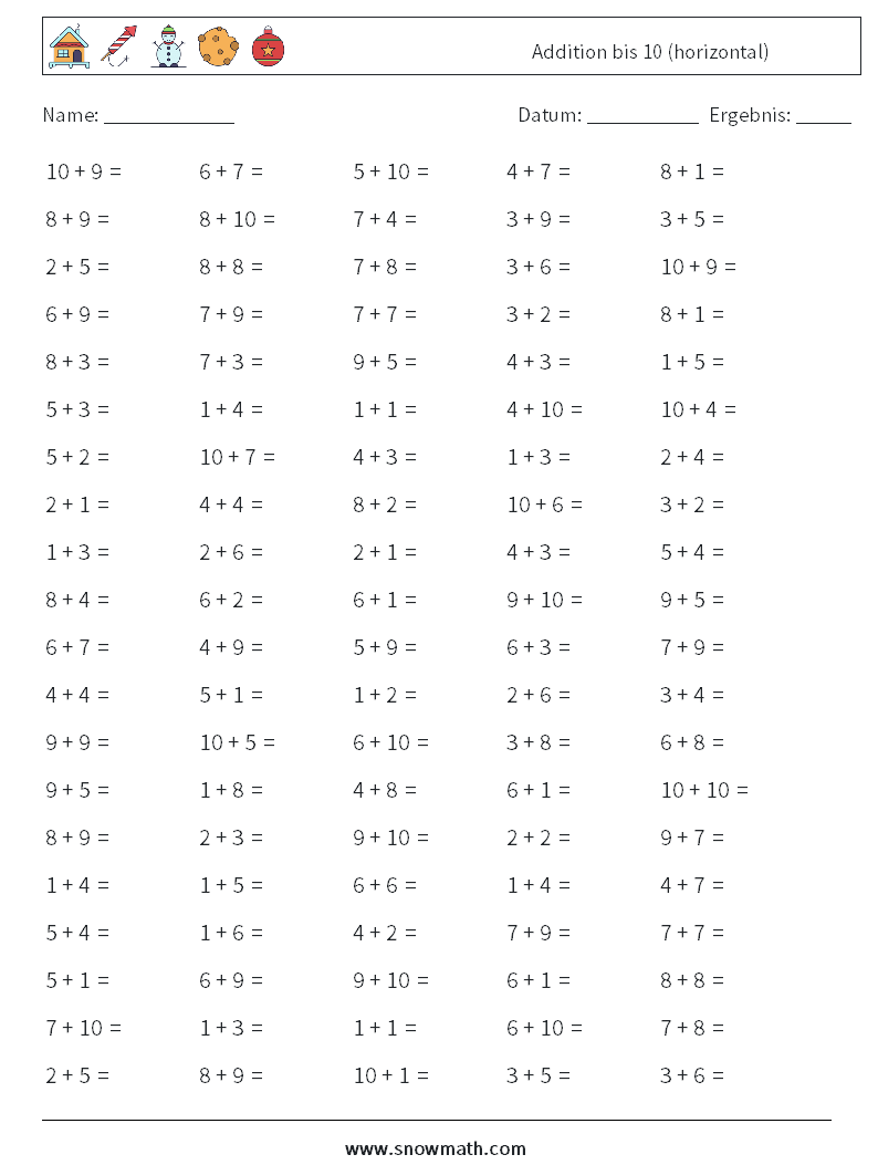 (100) Addition bis 10 (horizontal) Mathe-Arbeitsblätter 3