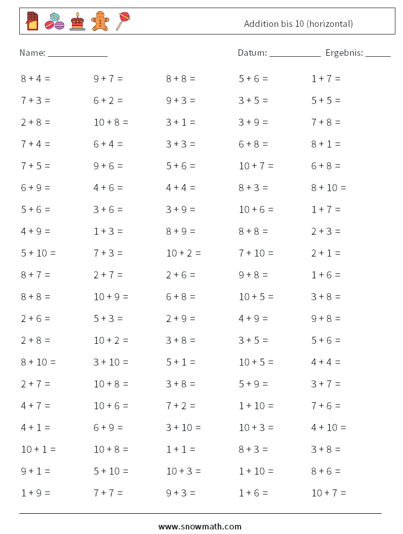 (100) Addition bis 10 (horizontal) Mathe-Arbeitsblätter 4