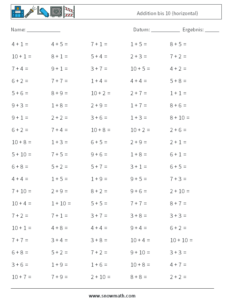 (100) Addition bis 10 (horizontal) Mathe-Arbeitsblätter 5