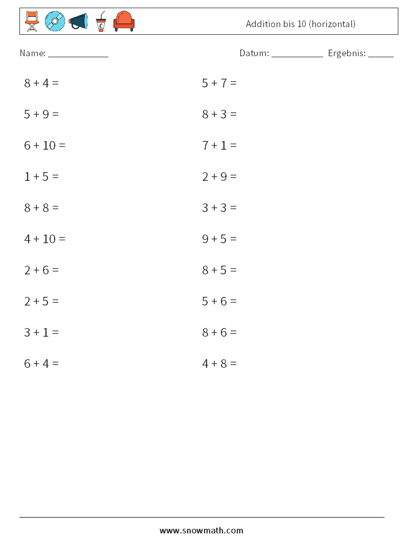 (20) Addition bis 10 (horizontal) Mathe-Arbeitsblätter 1