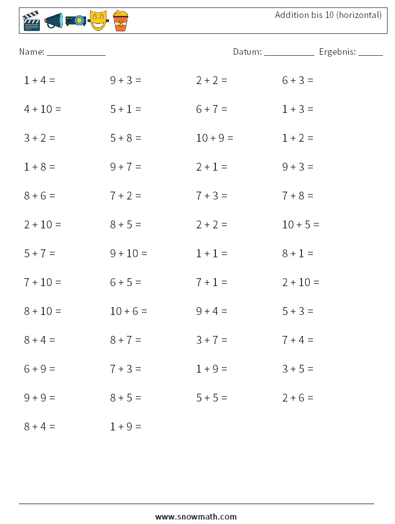 (50) Addition bis 10 (horizontal) Mathe-Arbeitsblätter 1