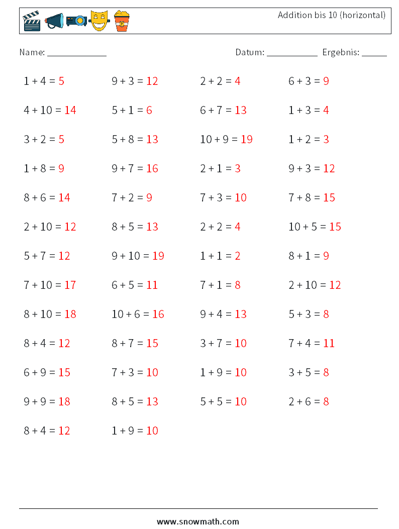 (50) Addition bis 10 (horizontal) Mathe-Arbeitsblätter 1 Frage, Antwort