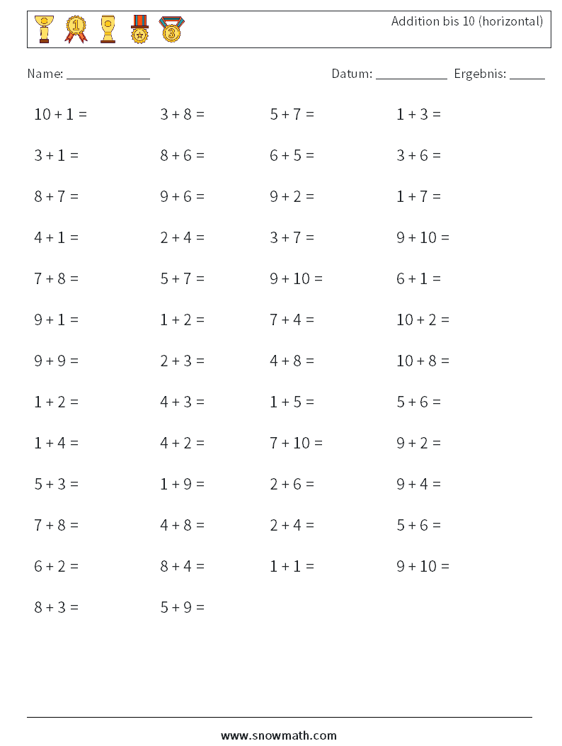 (50) Addition bis 10 (horizontal) Mathe-Arbeitsblätter 2