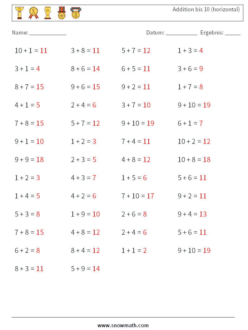(50) Addition bis 10 (horizontal) Mathe-Arbeitsblätter 2 Frage, Antwort