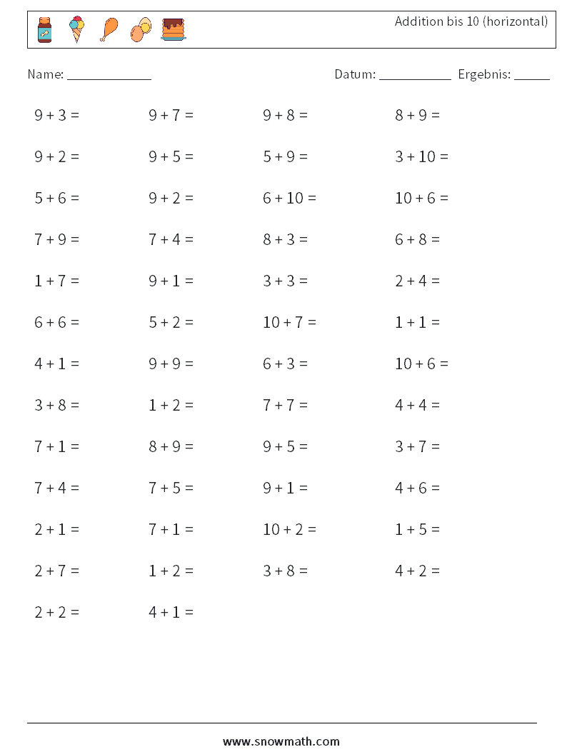 (50) Addition bis 10 (horizontal) Mathe-Arbeitsblätter 3