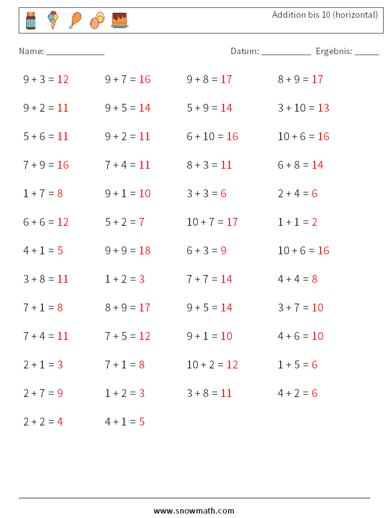 (50) Addition bis 10 (horizontal) Mathe-Arbeitsblätter 3 Frage, Antwort