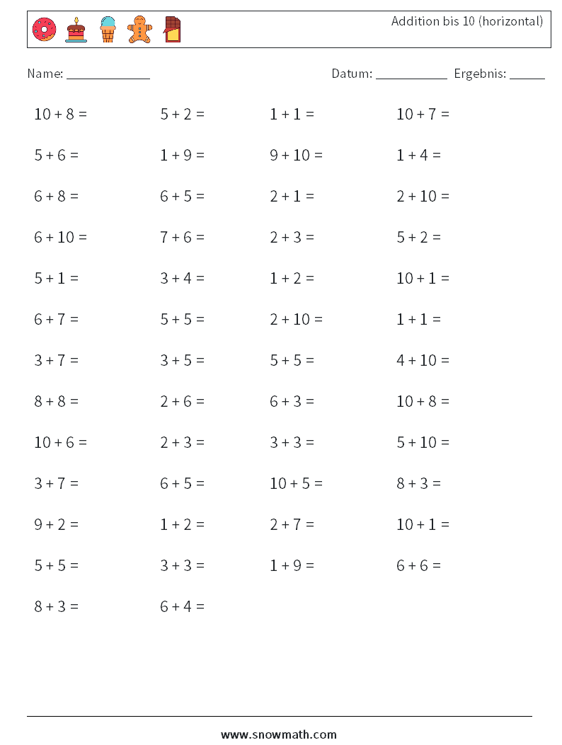 (50) Addition bis 10 (horizontal) Mathe-Arbeitsblätter 4