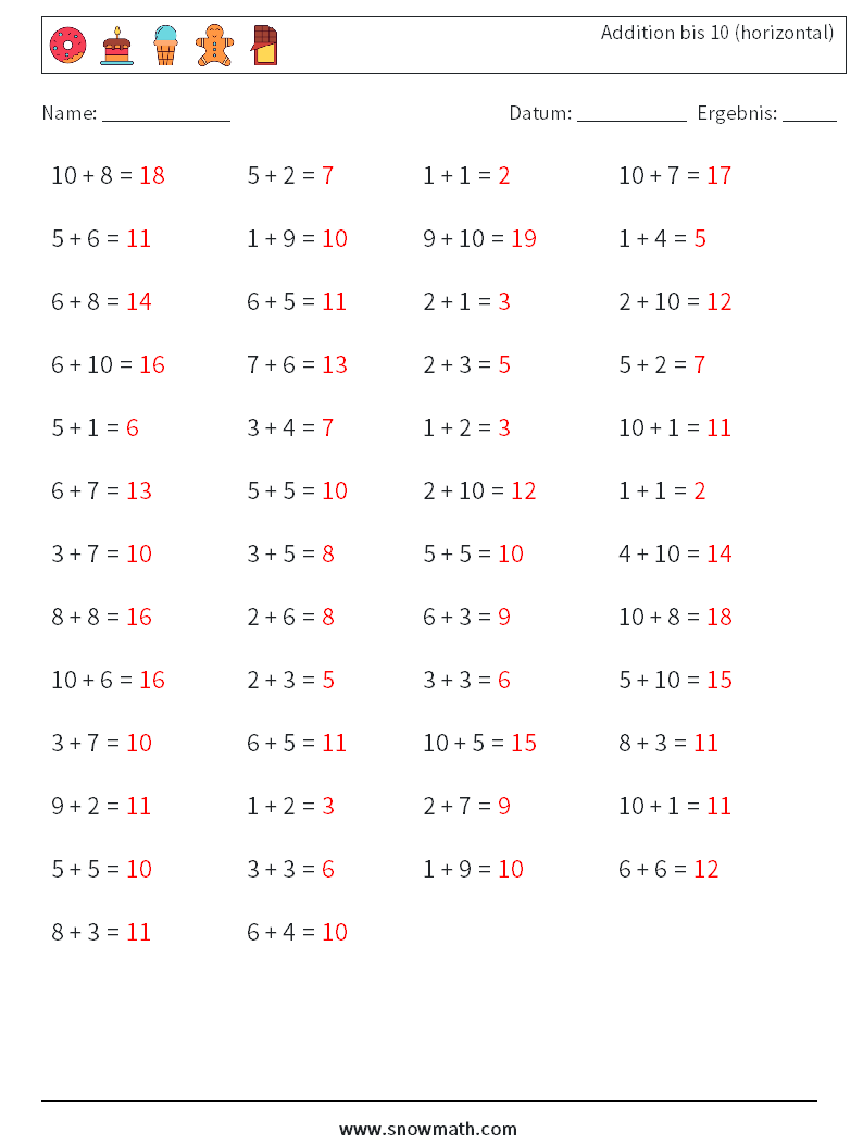 (50) Addition bis 10 (horizontal) Mathe-Arbeitsblätter 4 Frage, Antwort