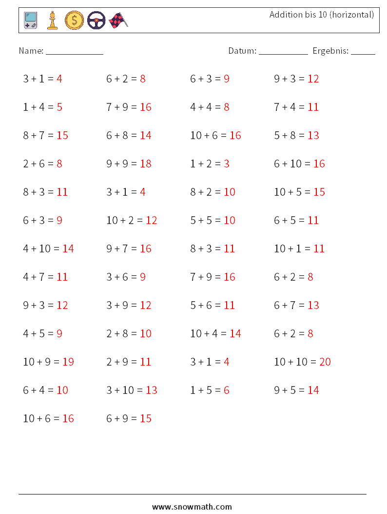 (50) Addition bis 10 (horizontal) Mathe-Arbeitsblätter 6 Frage, Antwort