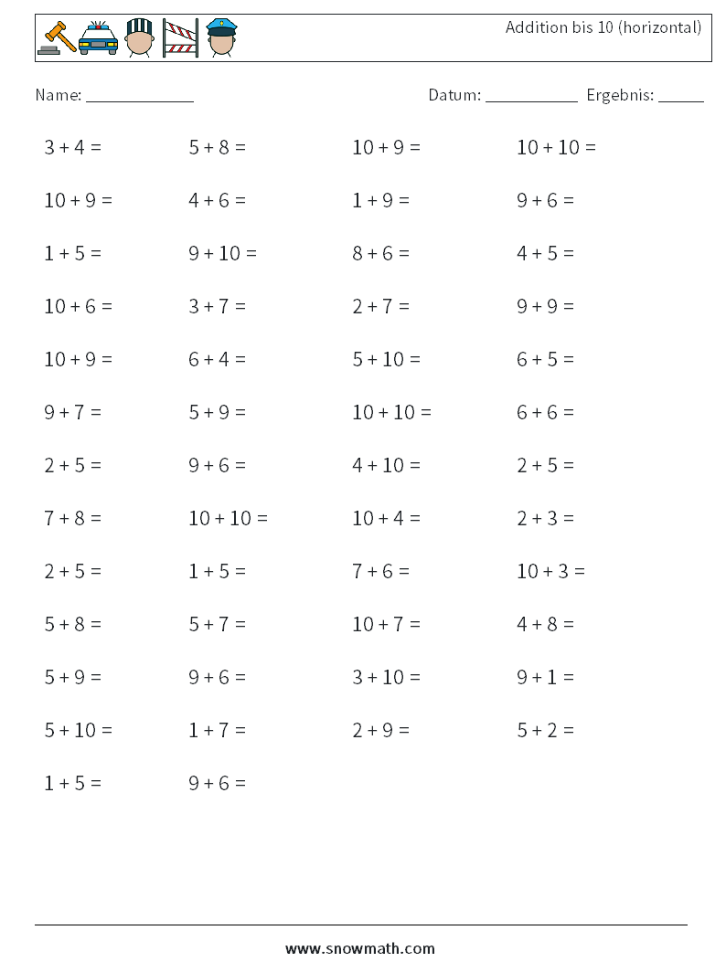 (50) Addition bis 10 (horizontal) Mathe-Arbeitsblätter 8