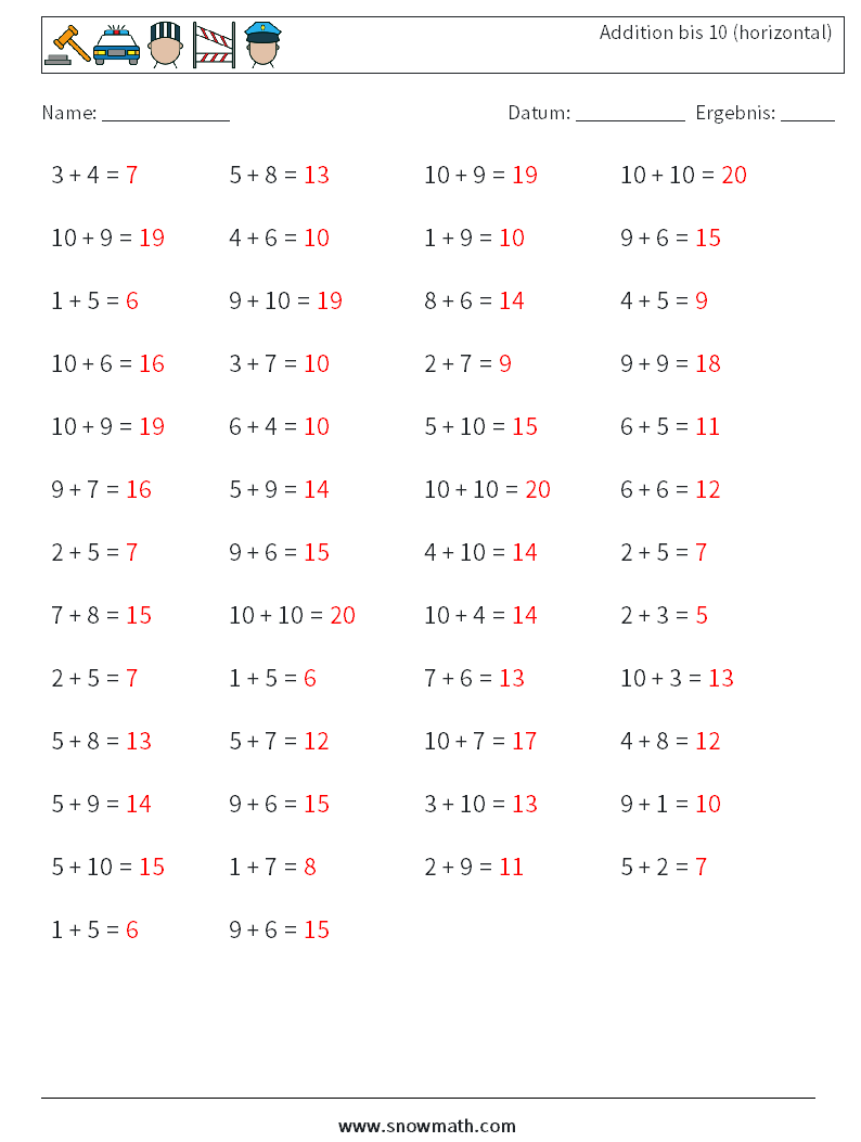 (50) Addition bis 10 (horizontal) Mathe-Arbeitsblätter 8 Frage, Antwort