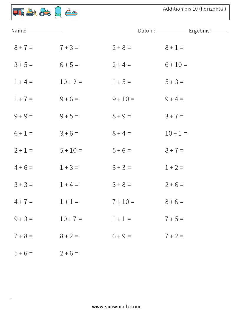 (50) Addition bis 10 (horizontal) Mathe-Arbeitsblätter 9