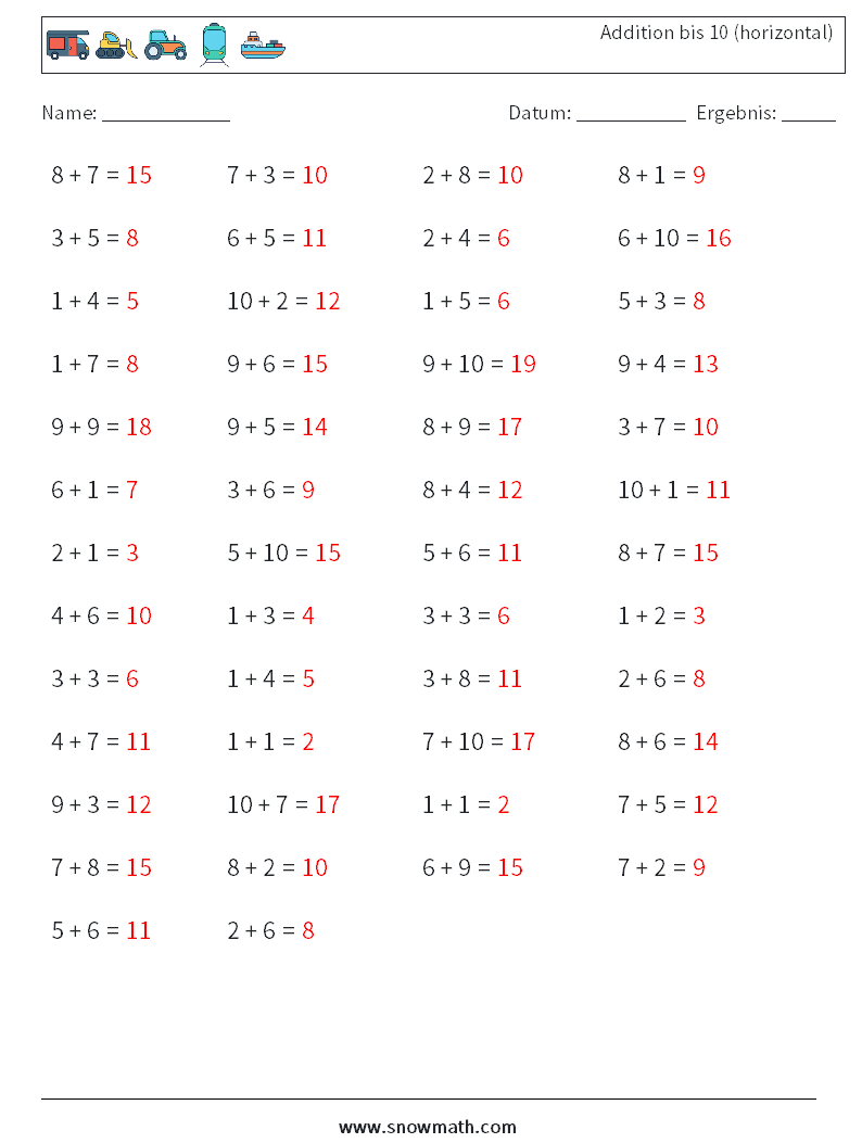 (50) Addition bis 10 (horizontal) Mathe-Arbeitsblätter 9 Frage, Antwort