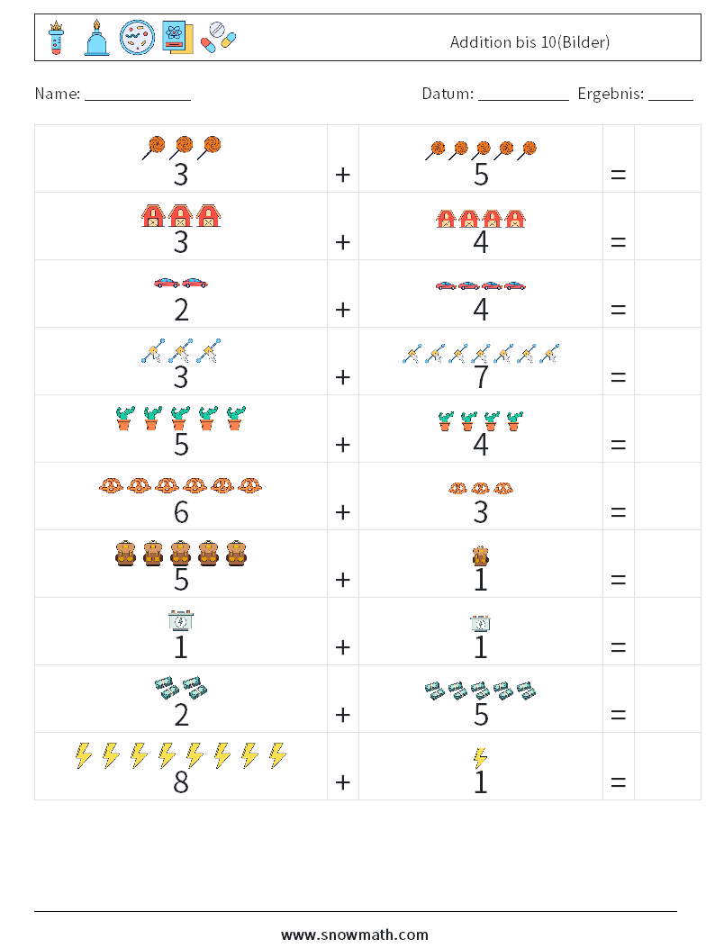 Addition bis 10(Bilder) Mathe-Arbeitsblätter 1