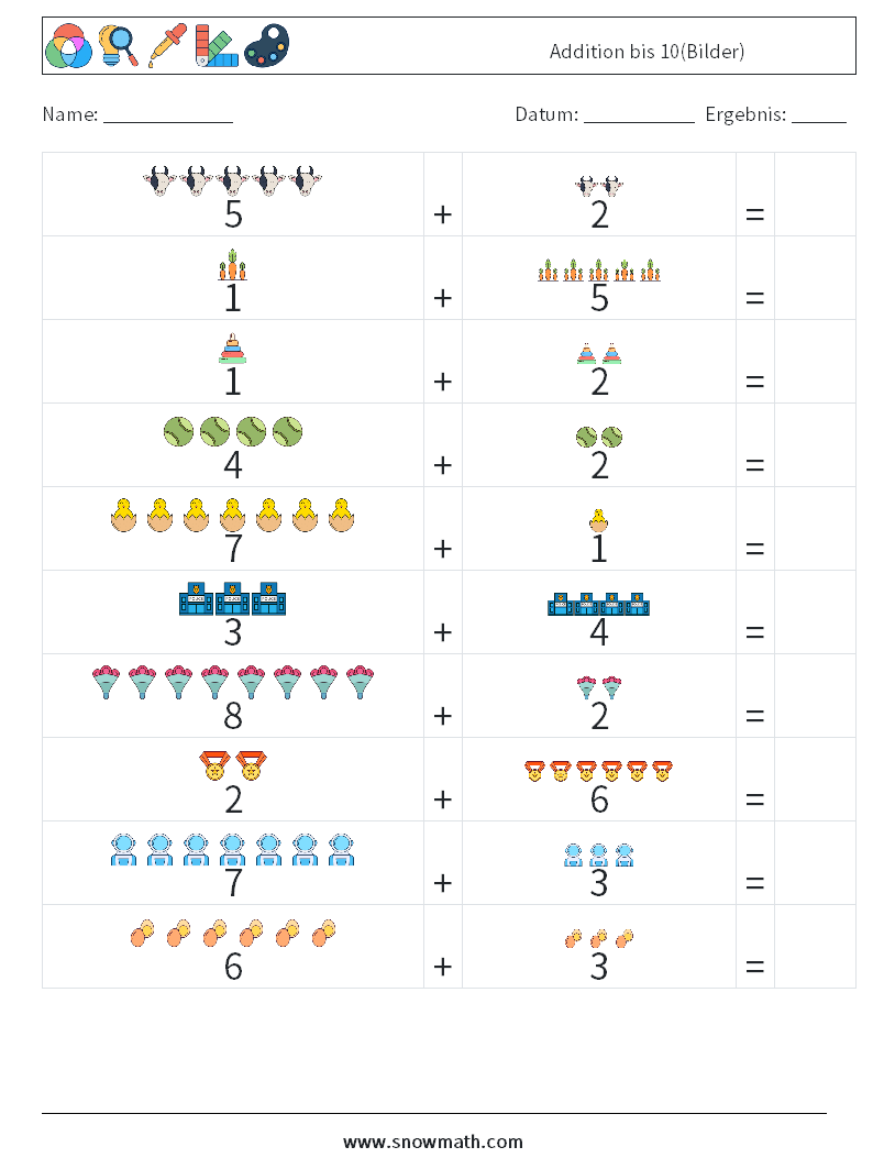 Addition bis 10(Bilder) Mathe-Arbeitsblätter 10