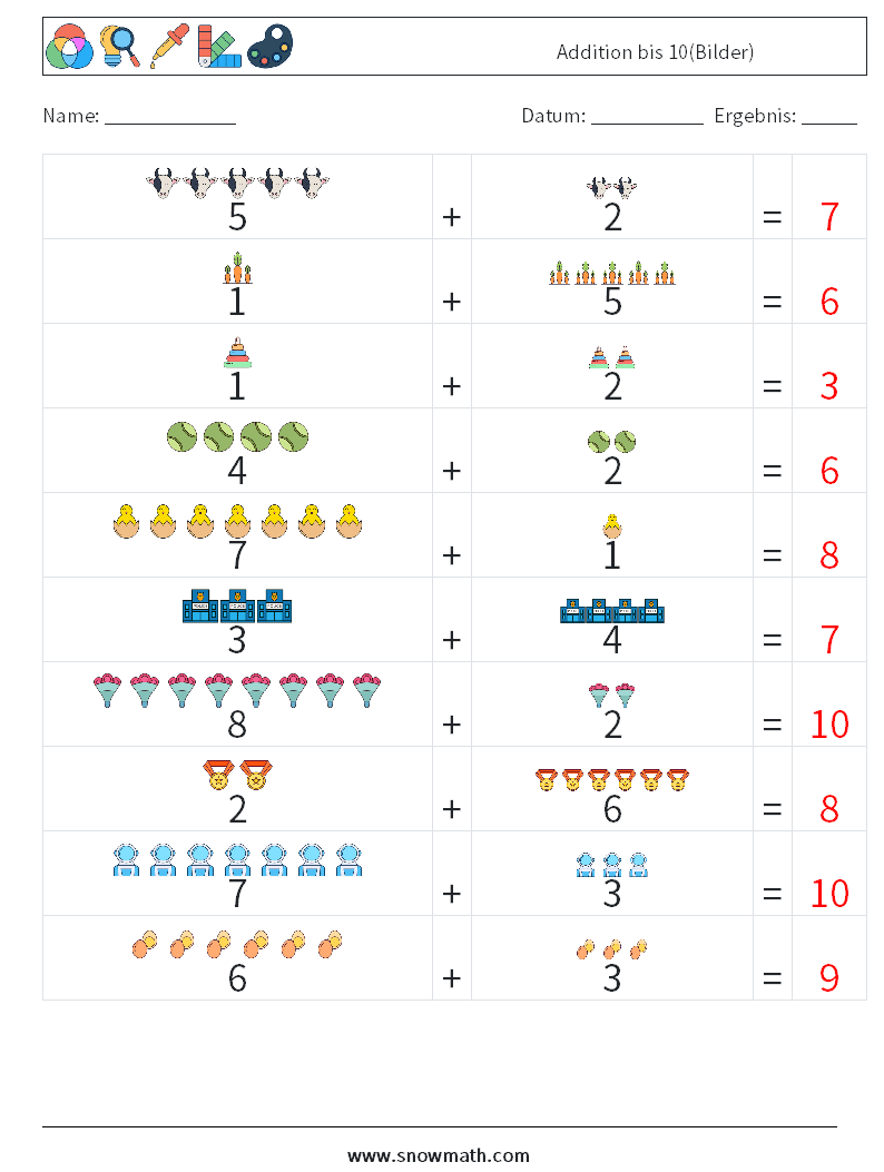 Addition bis 10(Bilder) Mathe-Arbeitsblätter 10 Frage, Antwort