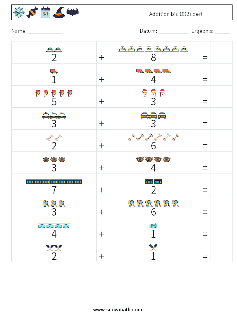 Addition bis 10(Bilder) Mathe-Arbeitsblätter 11