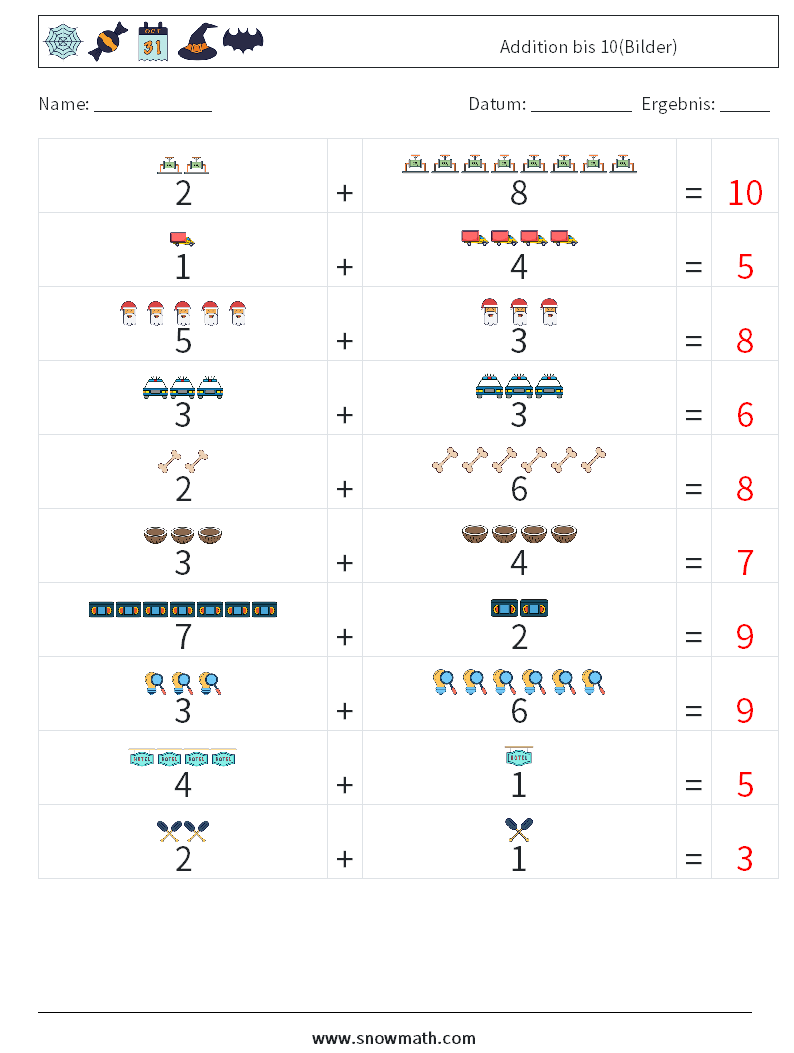 Addition bis 10(Bilder) Mathe-Arbeitsblätter 11 Frage, Antwort