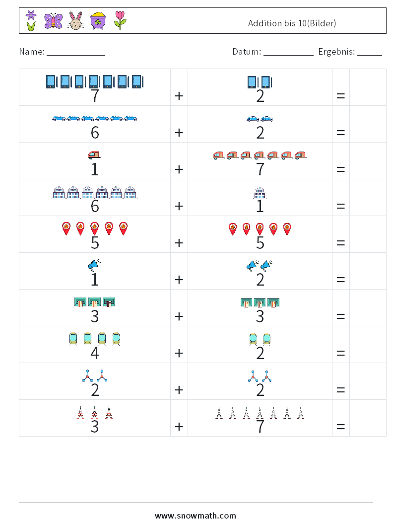 Addition bis 10(Bilder) Mathe-Arbeitsblätter 12