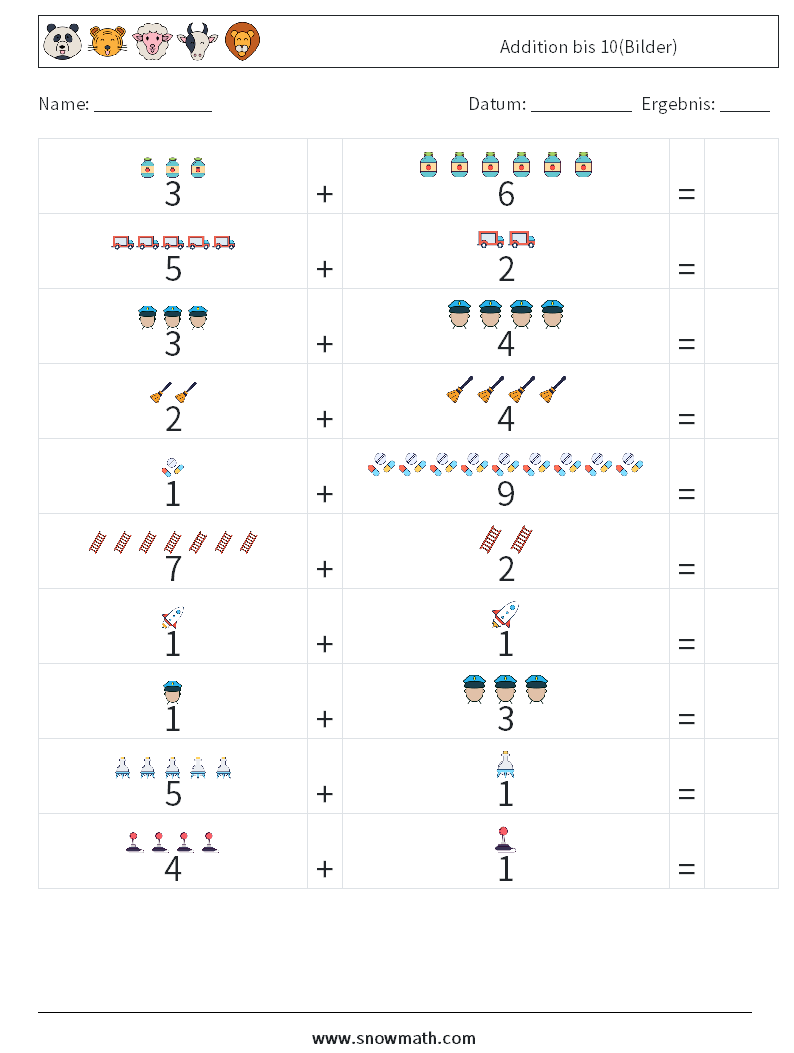 Addition bis 10(Bilder) Mathe-Arbeitsblätter 13