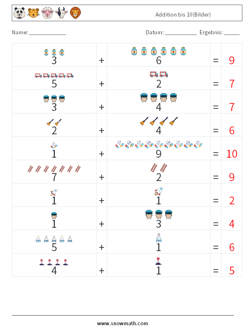 Addition bis 10(Bilder) Mathe-Arbeitsblätter 13 Frage, Antwort