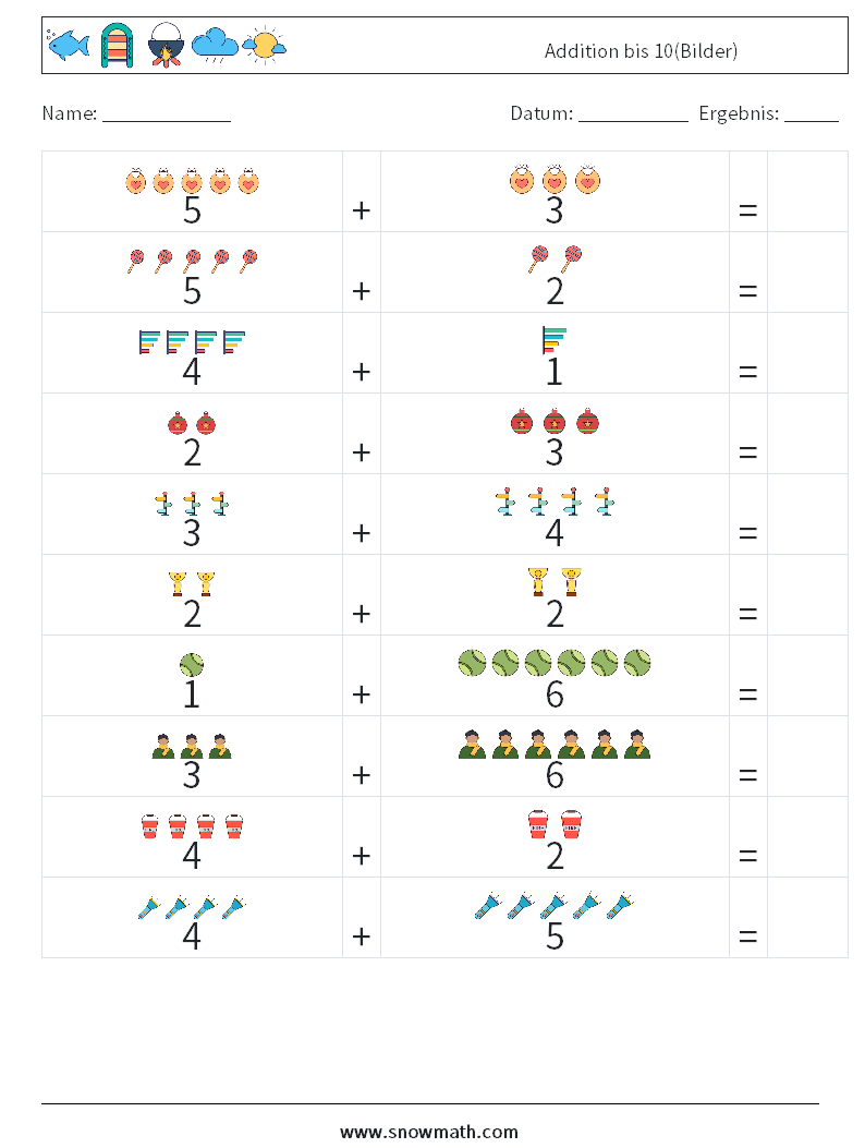 Addition bis 10(Bilder) Mathe-Arbeitsblätter 14