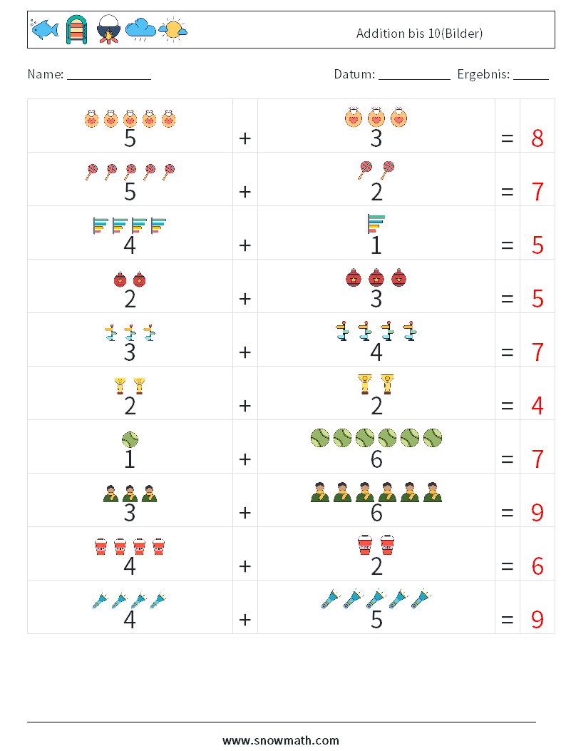 Addition bis 10(Bilder) Mathe-Arbeitsblätter 14 Frage, Antwort