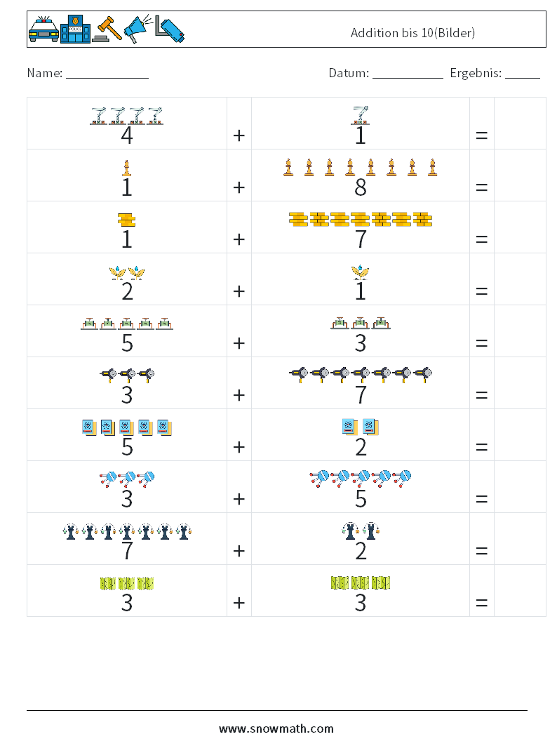 Addition bis 10(Bilder) Mathe-Arbeitsblätter 15