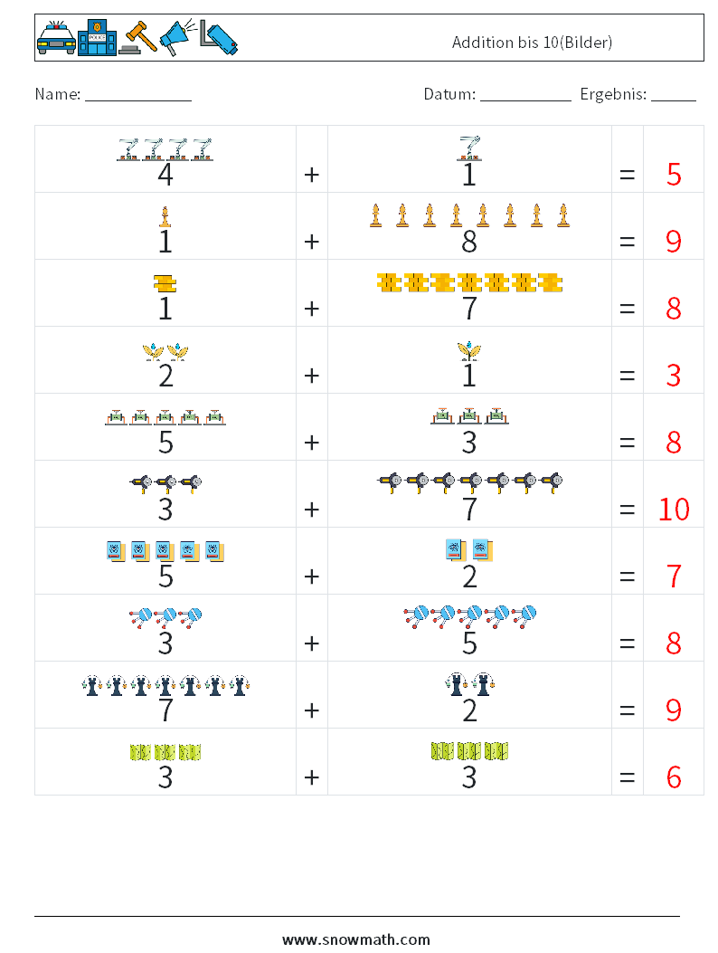 Addition bis 10(Bilder) Mathe-Arbeitsblätter 15 Frage, Antwort