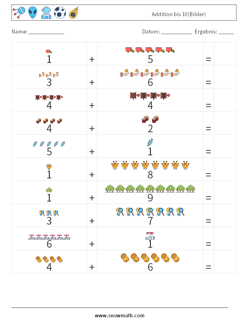 Addition bis 10(Bilder) Mathe-Arbeitsblätter 16