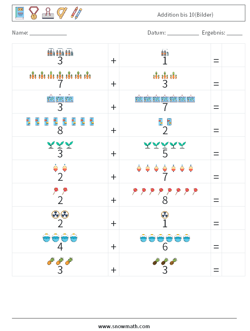 Addition bis 10(Bilder) Mathe-Arbeitsblätter 17