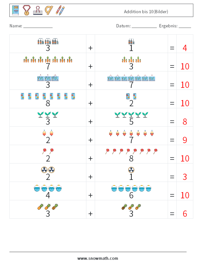 Addition bis 10(Bilder) Mathe-Arbeitsblätter 17 Frage, Antwort